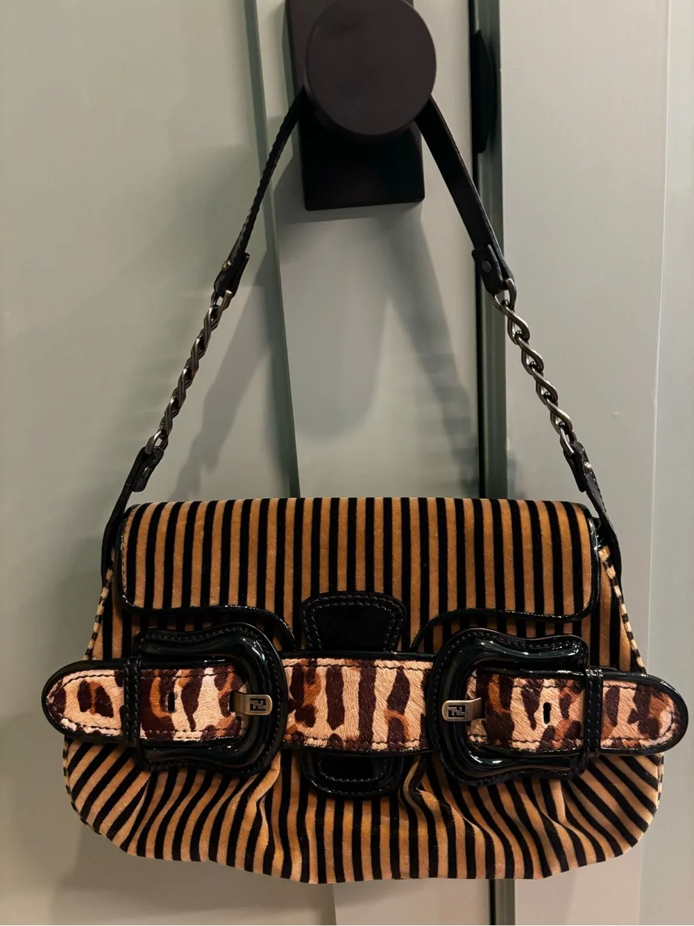 FENDI Pony Hair Stripe Leopard Baguette Shoulder Bag Patent Leather Rare - Picture 8 of 16